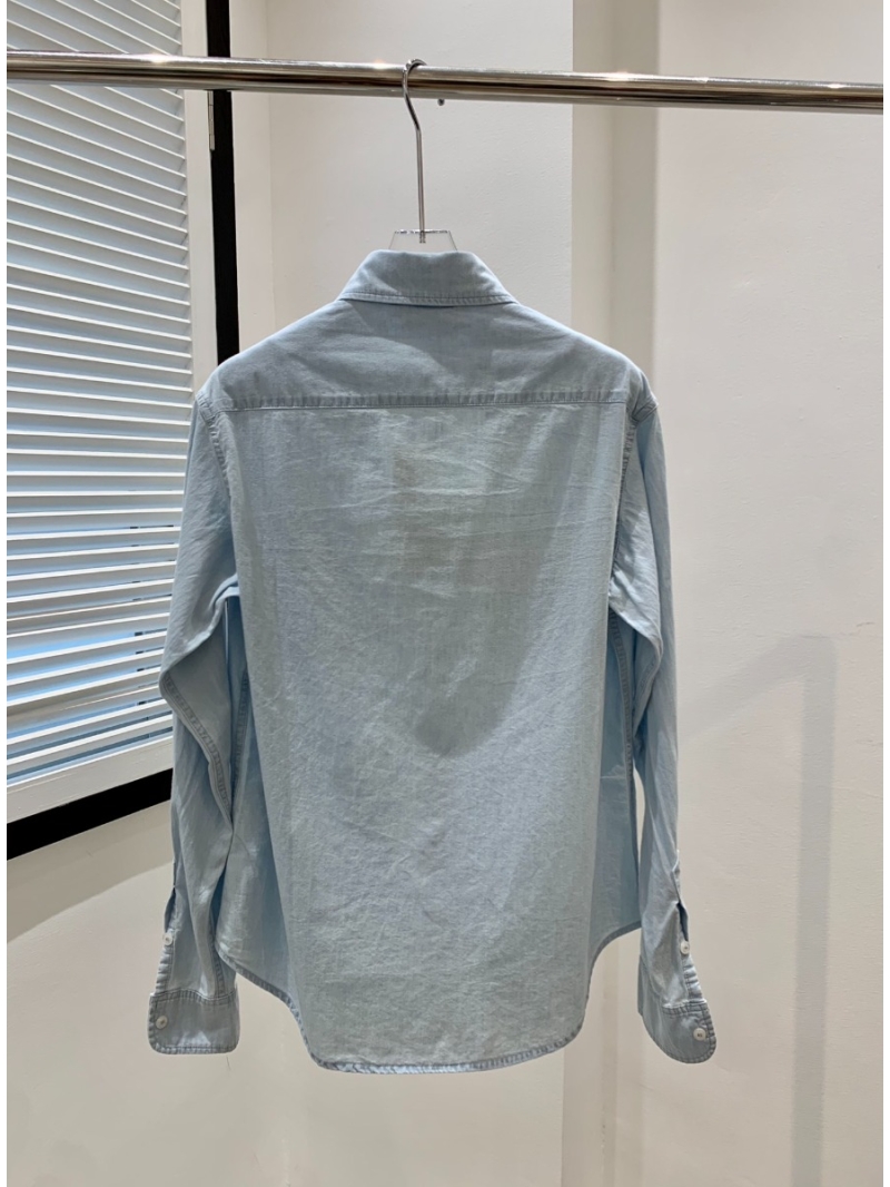 Miu Miu 2024 New Collection Embroidered Letter Patch Light Blue Denim Shirt