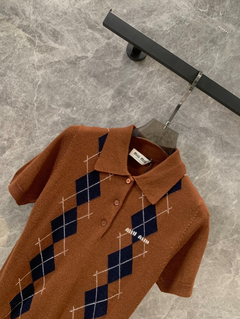 Miu Miu Argyle Polo Cashmere Knit Short Sleeve Shirt