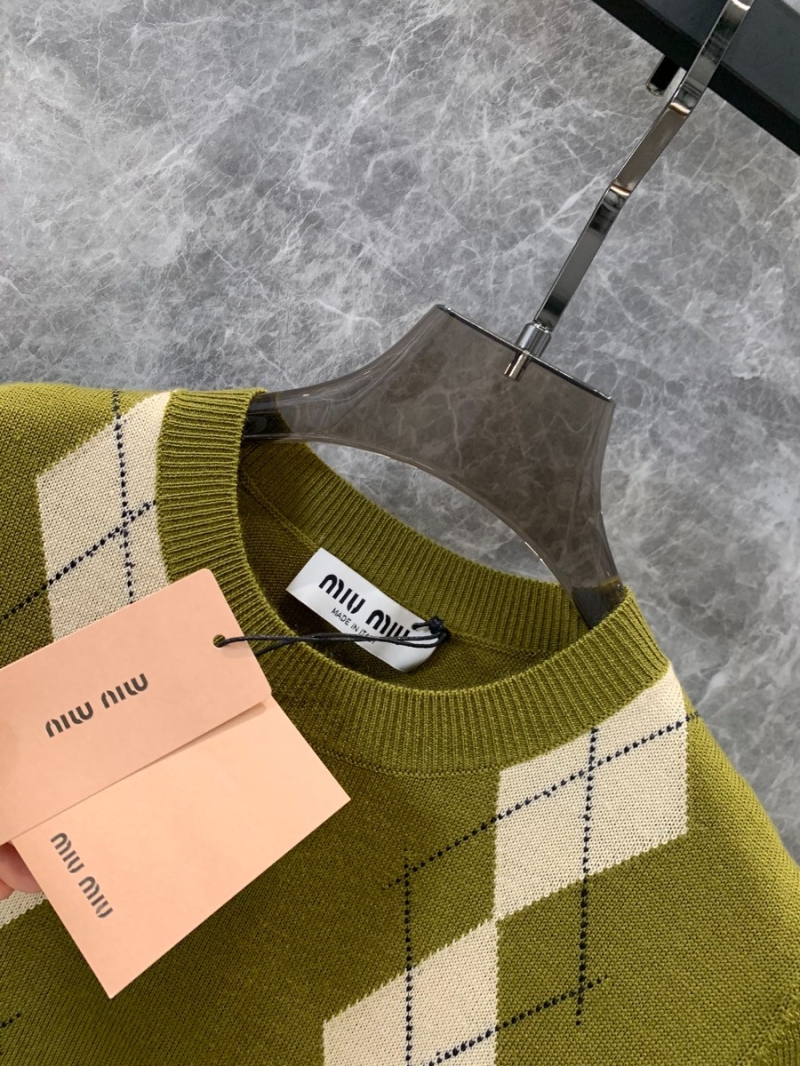 Miu Miu Argyle Matcha Green Cashmere Short Sleeve Knit Top