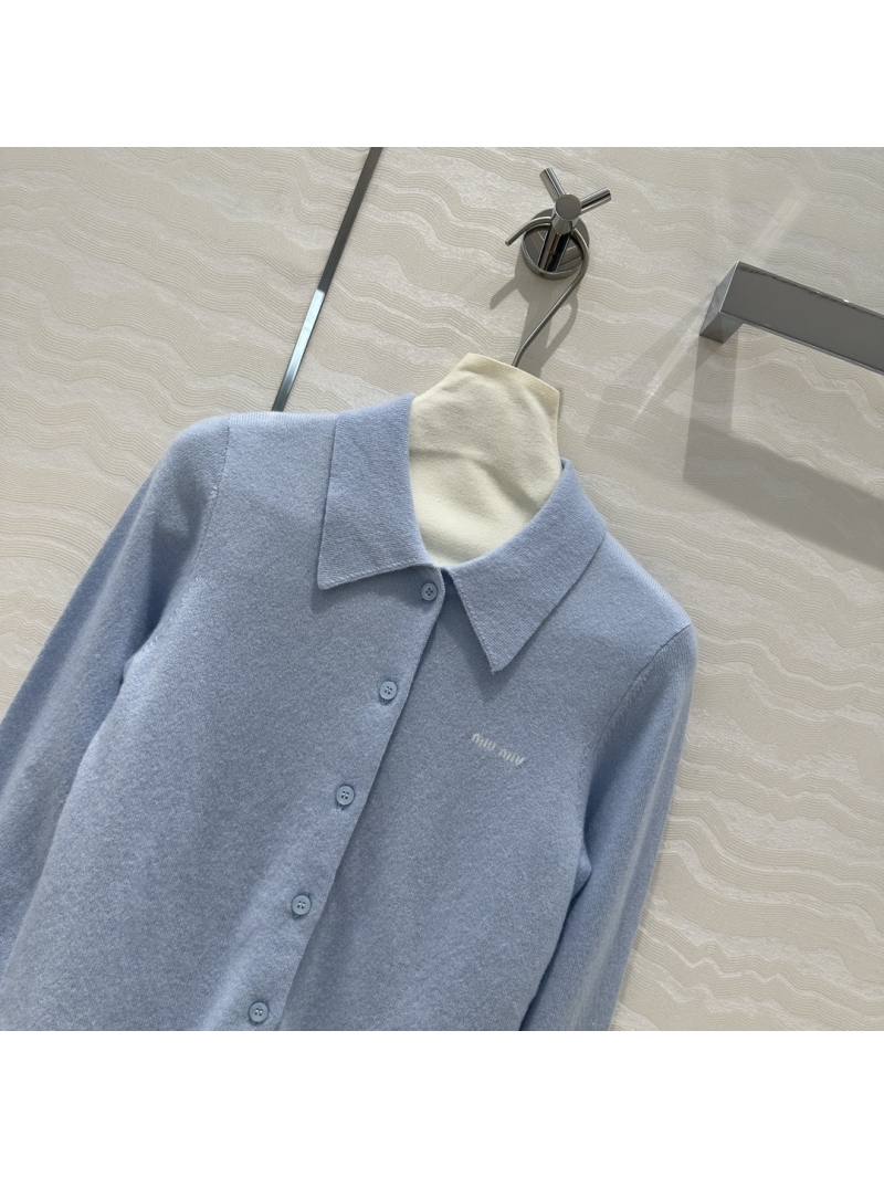 Miu Miu Logo Cashmere Collar Cardigan Blue