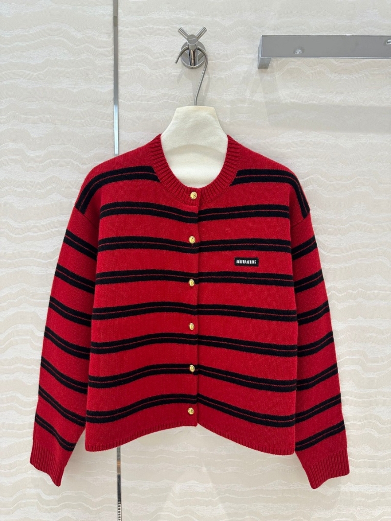 Miu Miu Holiday Wool-Cashmere Striped Cardigan in Red