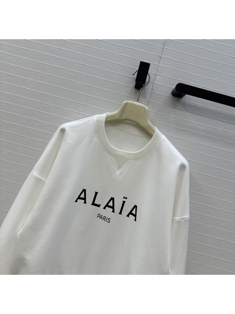 Alaïa Classic Round-Neck Logo Print Sweatshirt in White — Premium Cotton, Relaxed Fit, Drop Shoulder