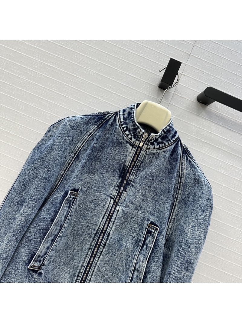 Alaia Snow-Wash Denim Biker Jacket Featuring Structural Raglan Sleeves and Stand-Up Collar - Blue