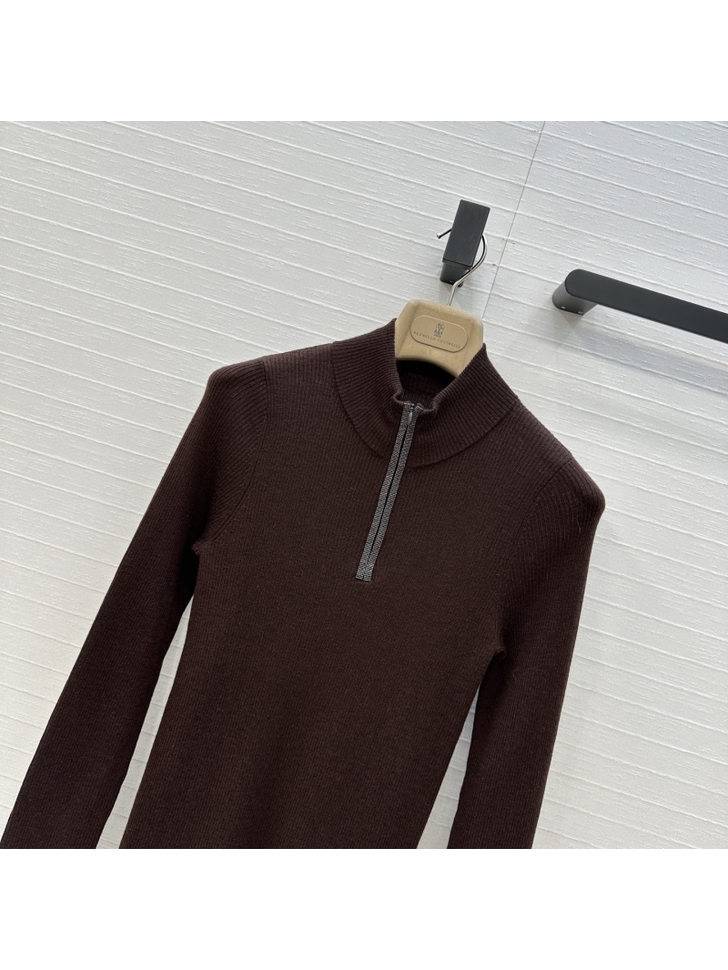 Brunello Cucinelli Cashmere Blend Half-Zip Turtleneck Sweater in Chocolate Brown - Slim Fit Luxury Knit