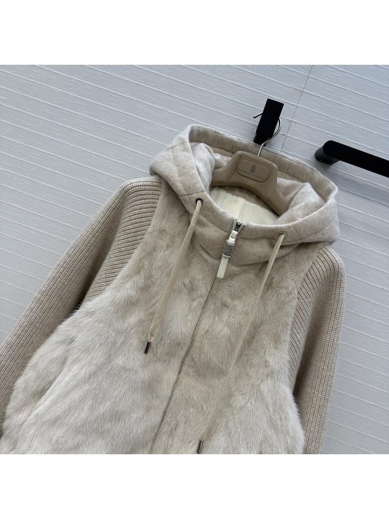 Brunello Cucinelli Silver-Blue Mink Fur & Cashmere-Wool Hooded Down Coat | Old Money Style | H-Line Cut