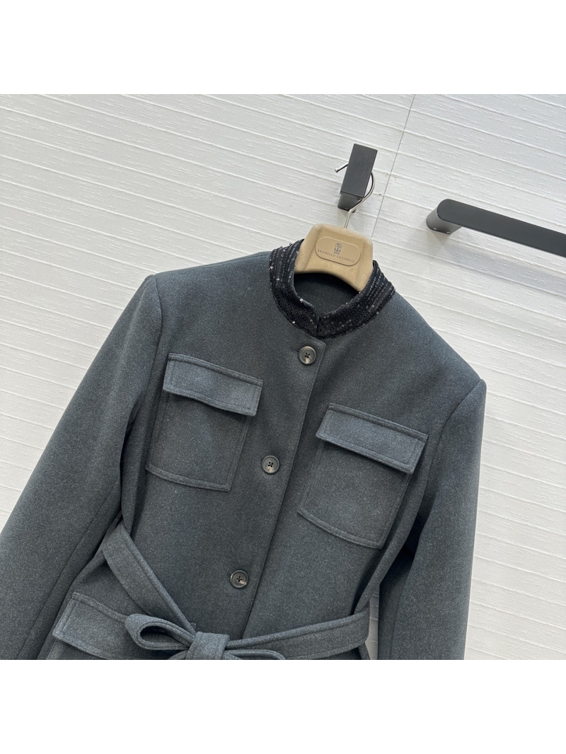 Brunello Cucinelli Wool-Blend Equestrian Belted Coat in Grey | Sequin Embellished Collar, Waist-Defining Belt, Timeless Outerwear