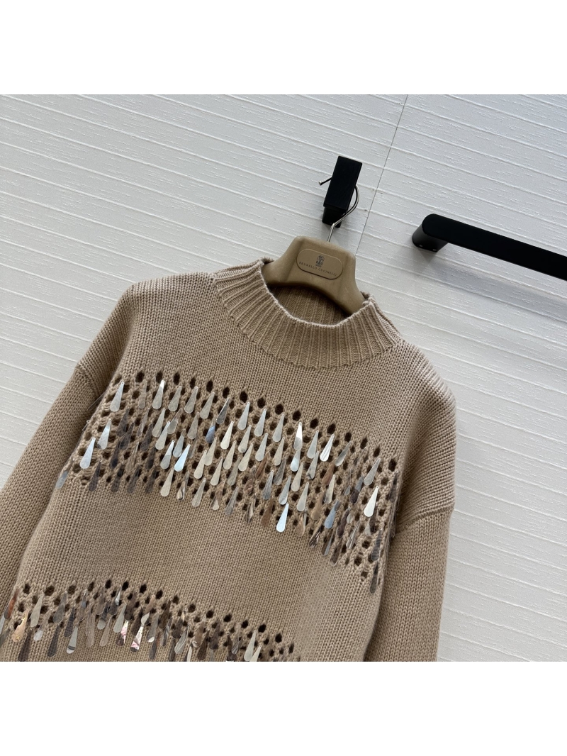Brunello Cucinelli Cashmere Sweater with Hand-Applied Teardrop Sequins – Short Length, Drop Shoulder, Italian Minimalist Design