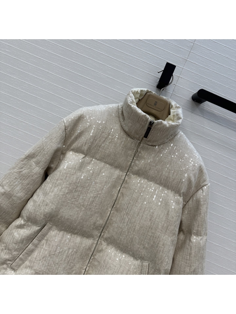 Brunello Cucinelli Old Money Style Puffer Jacket – Linen-Look with Sequin Embroidery & 90% White Duck Down Fill