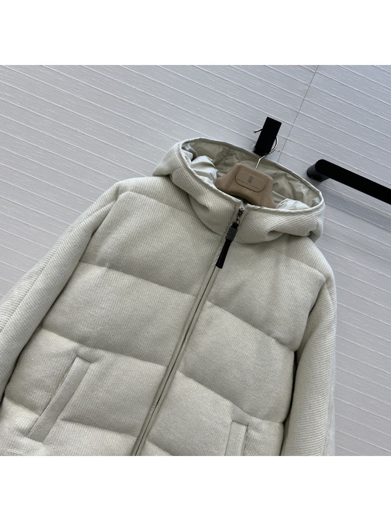 Brunello Cucinelli Knit Puffer Jacket - Luxe Shimmer Fabric, 90% White Duck Down, H-Line Hooded Coat