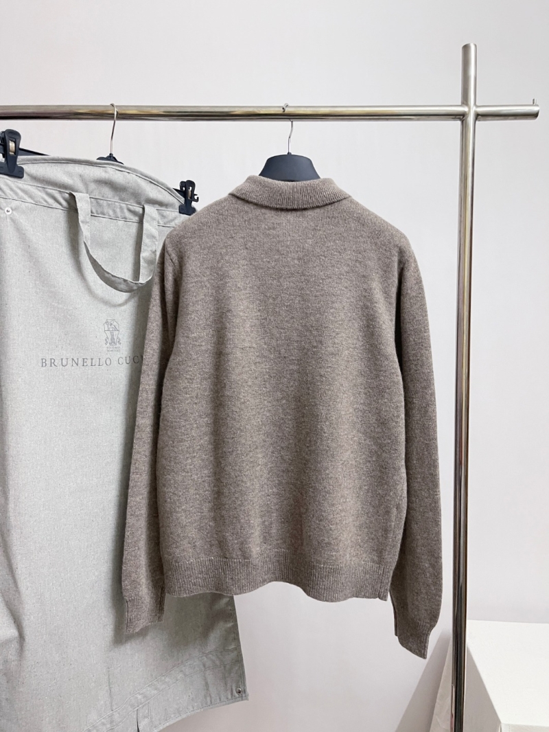 Brunello Cucinelli Knitted Taupe Cardigan Sweater — Collar Neckline, Black Buttons, Versatile Style