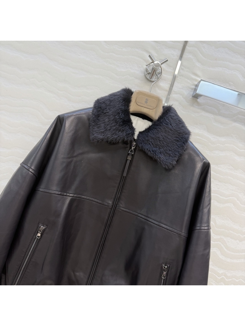 Brunello Cucinelli 100% Lambskin Leather and Silk Lined Removable Fur Collar Bomber Jacket in Ebony Brown