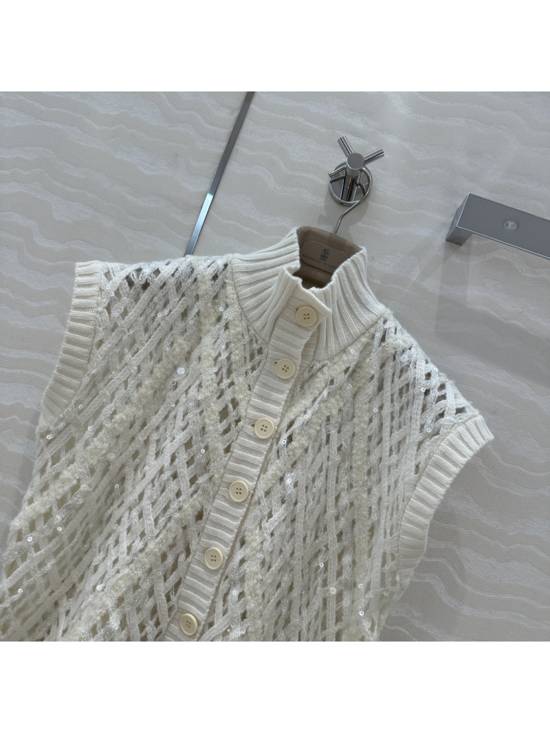 Brunello Cucinelli White Cashmere and Mohair Blend Sequin Embellished Knit Vest
