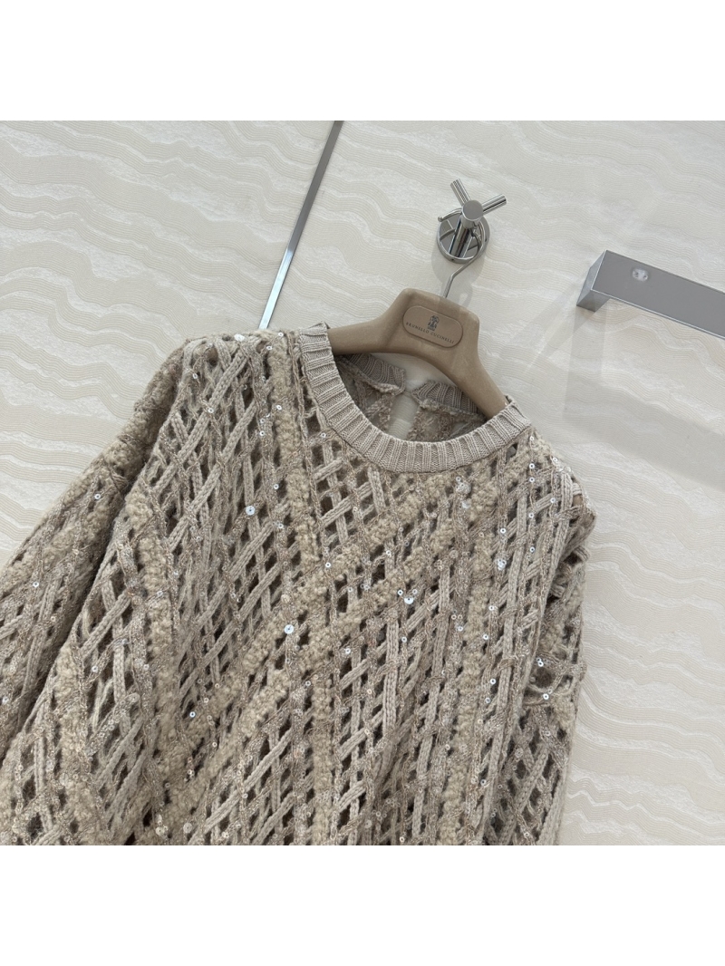 Brunello Cucinelli Alpaca-Mohair Blend Sequin Embellished Open-Knit Sweater Taupe