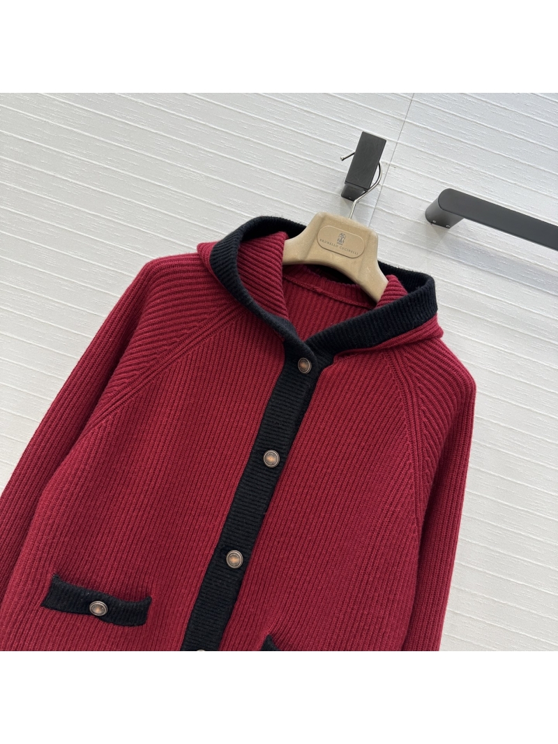 Brunello Cucinelli Sumptuous Cashmere Hooded Cardigan in Red and Black Color-Block with Vintage Hardware