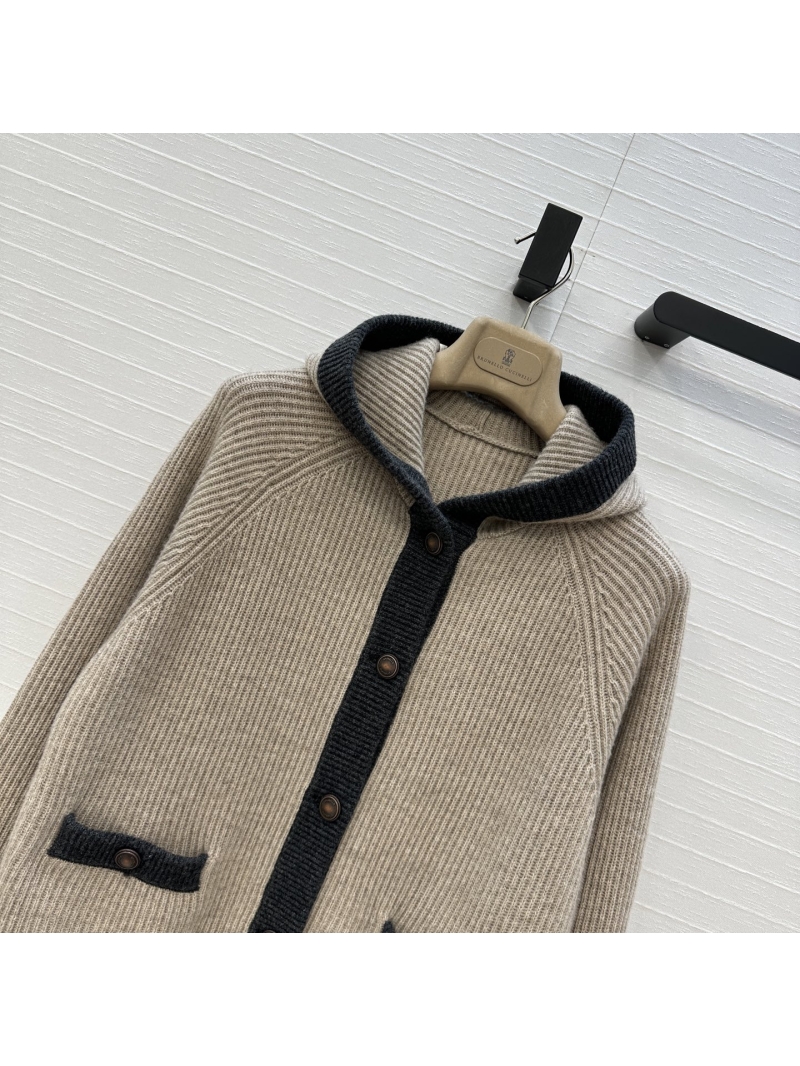 Brunello Cucinelli Sumptuous Cashmere Color-Block Ribbed Knit Hooded Cardigan