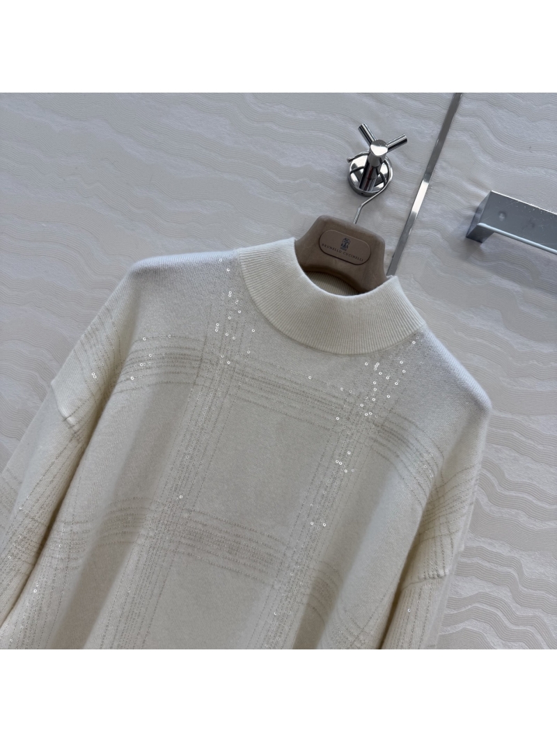Brunello Cucinelli Exquisite Lightweight Cashmere Pullover with Artisan Sequin Plaid - Chalk