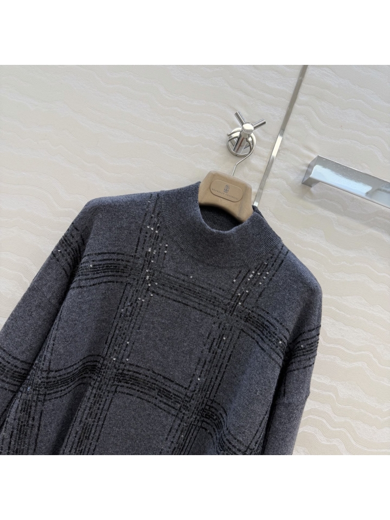 Brunello Cucinelli Exquisite Cashmere Sweater in Deep Grey with Artisan Sequin Plaid and Relaxed Fit