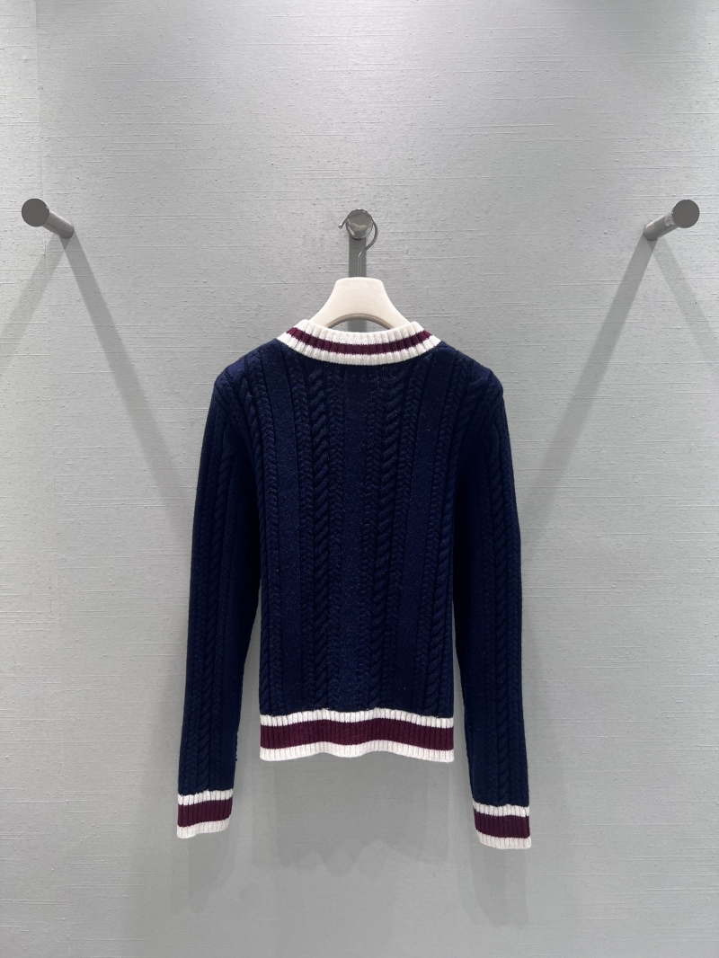 Chanel Limited Edition Autumn Winter 2025 V-Neck Cable Knit Sweater in Navy Blue - Collegiate Style with Burgundy and White Accents