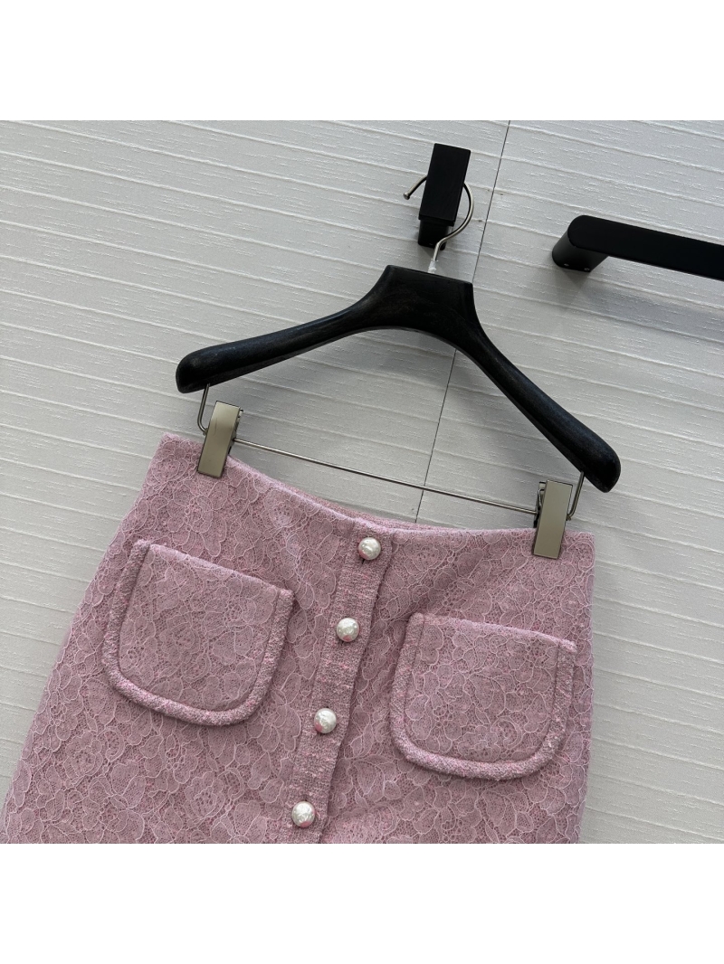 Chanel Pink Tweed and Lace Mini Skirt | A-Line Cut | Pearl Buttons