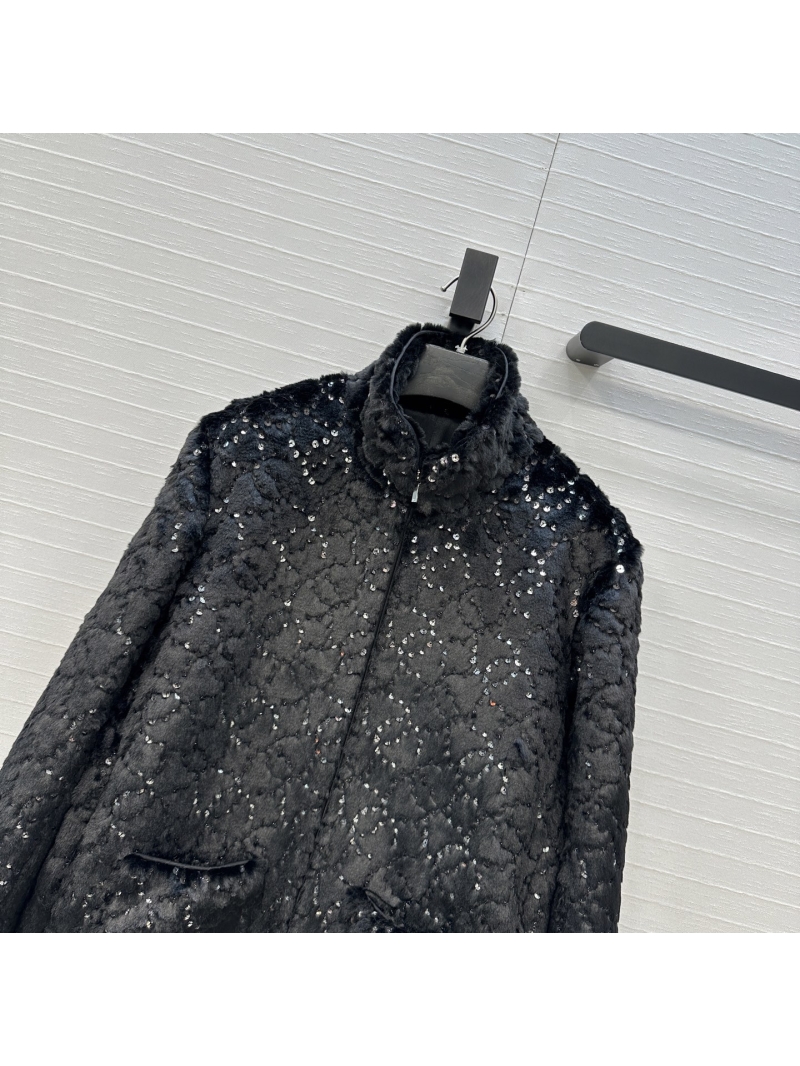 Chanel Ski Collection Black Eco-Conscious Fur-Embroidered Jacket | Imitation Mink with Sequins | H-Silhouette Luxury Outerwear