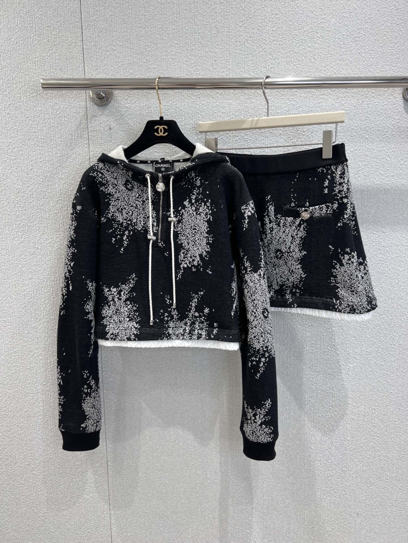 Chanel 25B Atelier Collection Firework Print Cropped Hoodie and Skirt Set | Black & White Speckled Pattern | Limited Edition