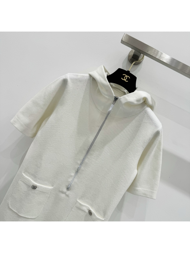 Chanel Hooded Zip-Front Wool Dress in Off-White | Oversized Fit, Half-Zip Detail, Patch Pockets