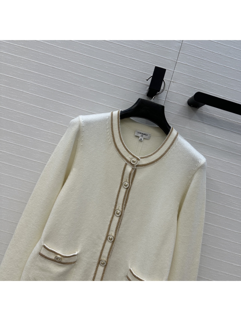 Chanel White & Gold Imported Yarn Knit Cardigan, Gold Thread Detailing, Round Neck