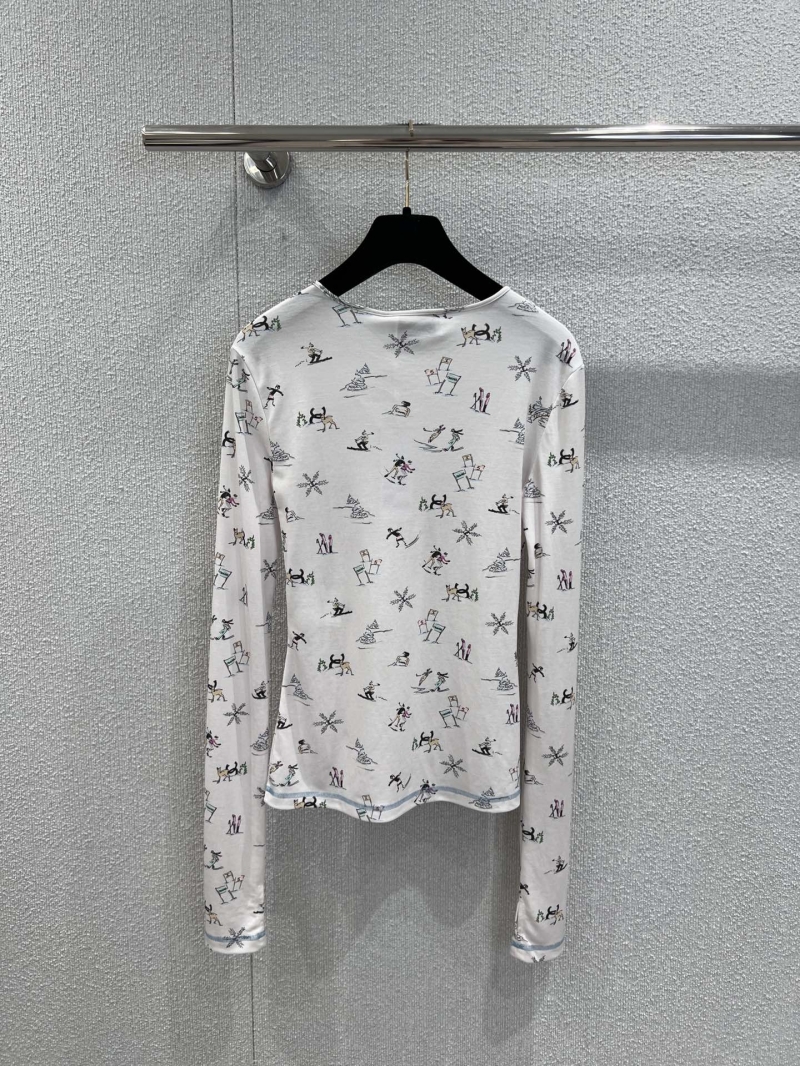 Chanel Long-Sleeved Top with Hand-Painted Ski Print and Crystal Bow