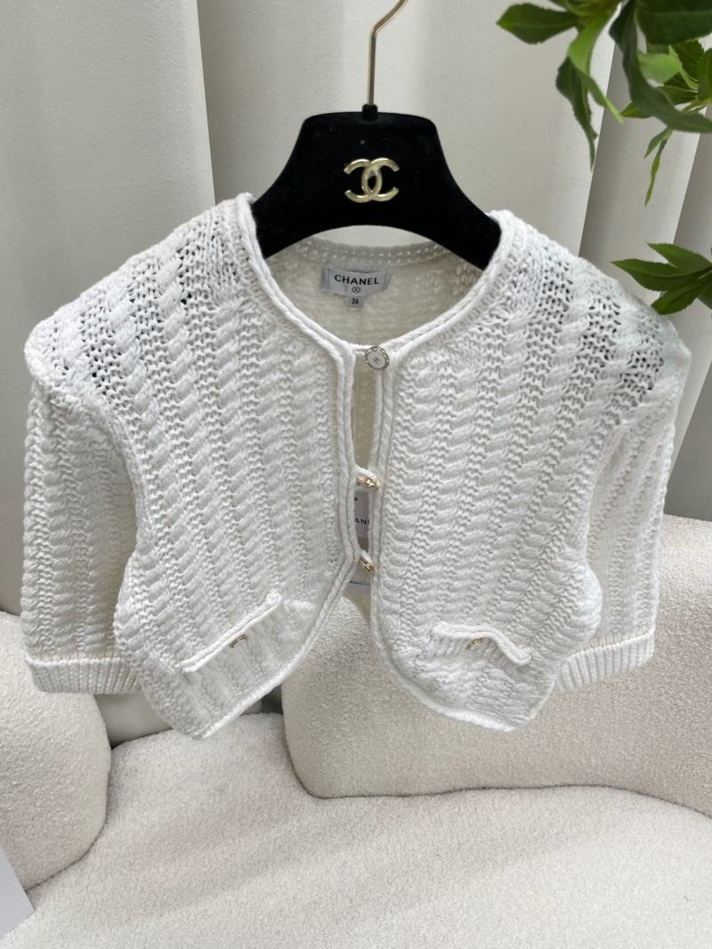 CHANEL White Cropped Textured Knit Cardigan Jacket