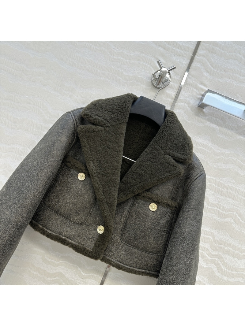 Chanel Limited Edition Distressed Turkish Shearling Cropped Aviator Jacket in Distressed Black/Olive