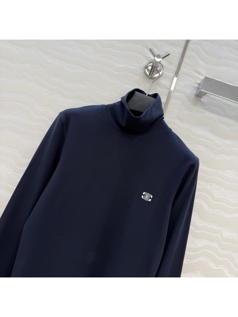 Celine Tencel Wool Slim-Fit Turtleneck Top with Embroidered Logo - Black