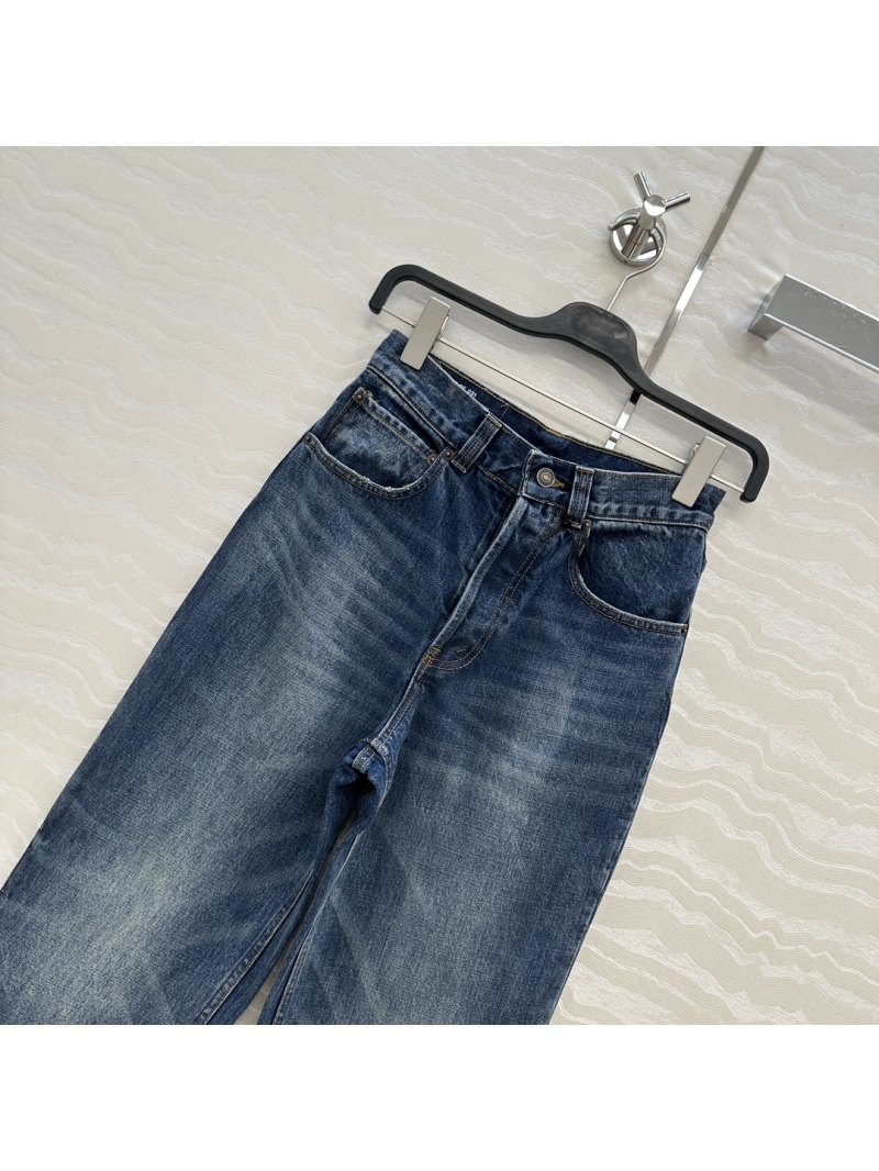 Celine 26SS Dark Blue Vintage Washed Denim Jeans | Custom Cat Claw Wash & Red Stitching | High-Waisted Wide Leg