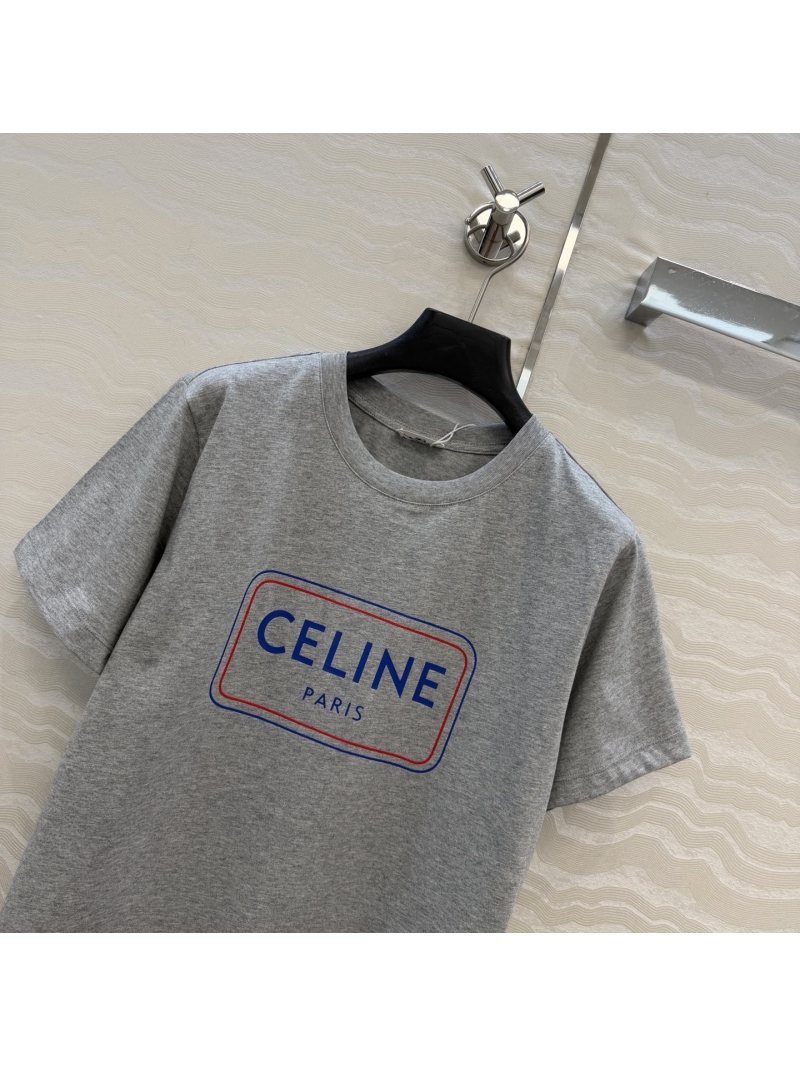 Celine Featherlight Pure Cotton Logo Print T-Shirt Light Grey