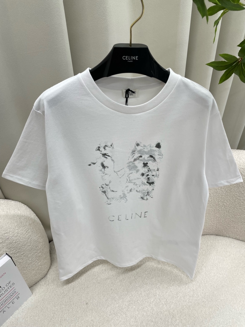 CELINE Exquisite White Crewneck T-Shirt with Signature Dog Graphic Print | Relaxed Fit Luxury Tee