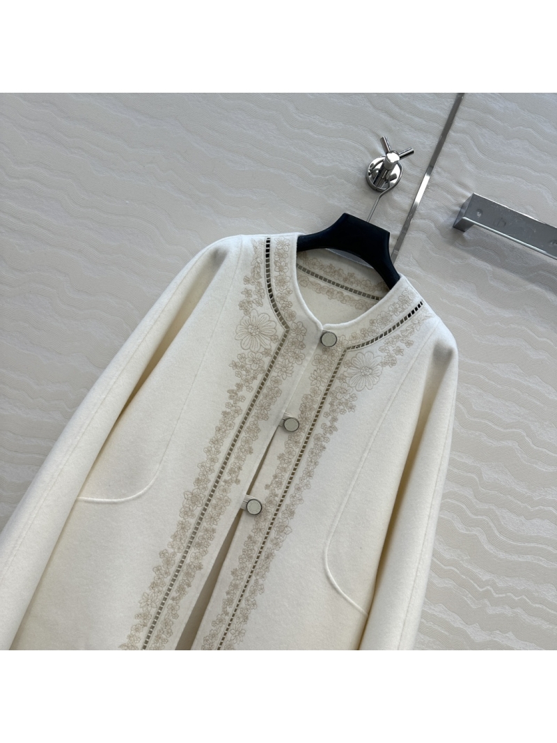 Hermès Opulent Ivory Double-Faced Wool and Cashmere Long Coat with Artisan Openwork Embroidery