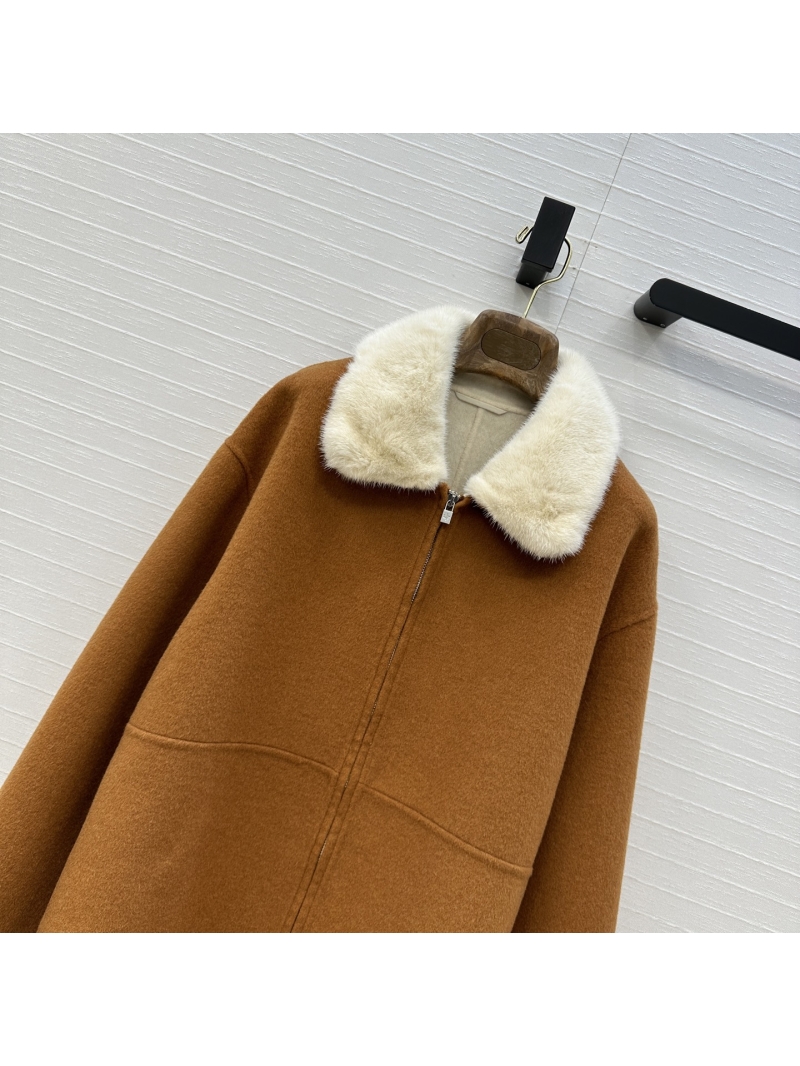 Loro Piana Women"s Wool-Cashmere & Mink Fur Collar Cape Coat | Tailored Fit | Danish Mink | Caramel