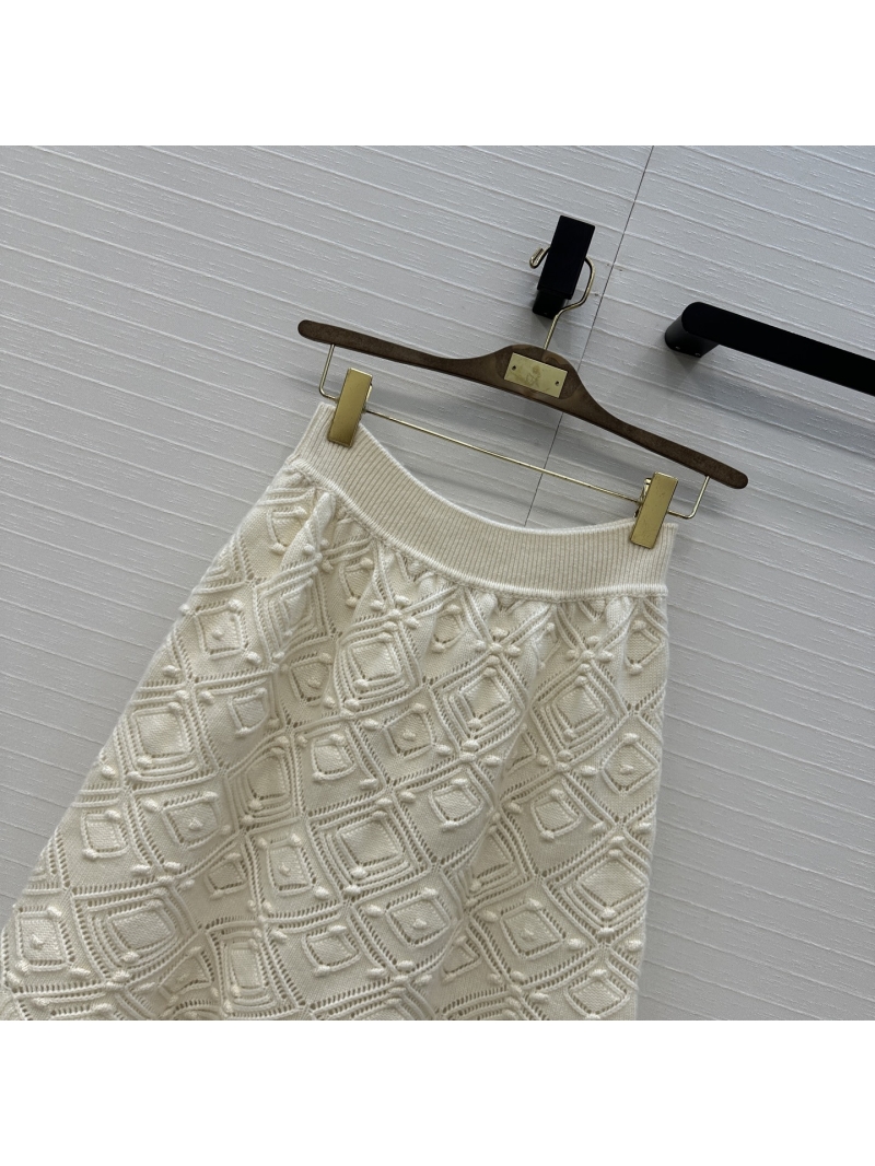 Loro Piana Cashmere Knit Skirt, Diamond Lattice Jacquard, Openwork Relief Design, Cream