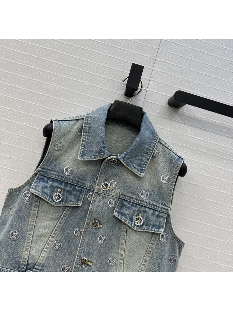 Louis Vuitton Ski Collection Denim Vest – Monogram Coin Bead Embroidered Cropped Jacket