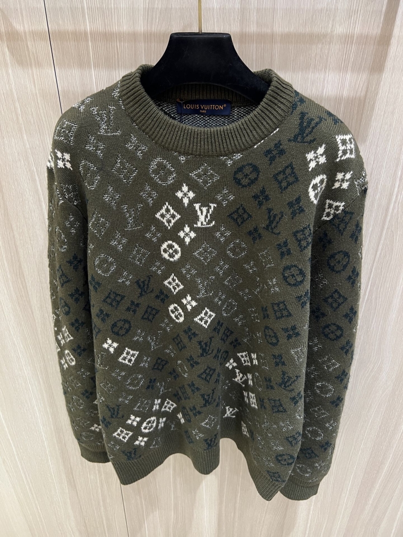 Louis Vuitton Jacquard Knit Sweater, Monogram Surplus Intricate Pattern, Olive Green Wool-Blend Top