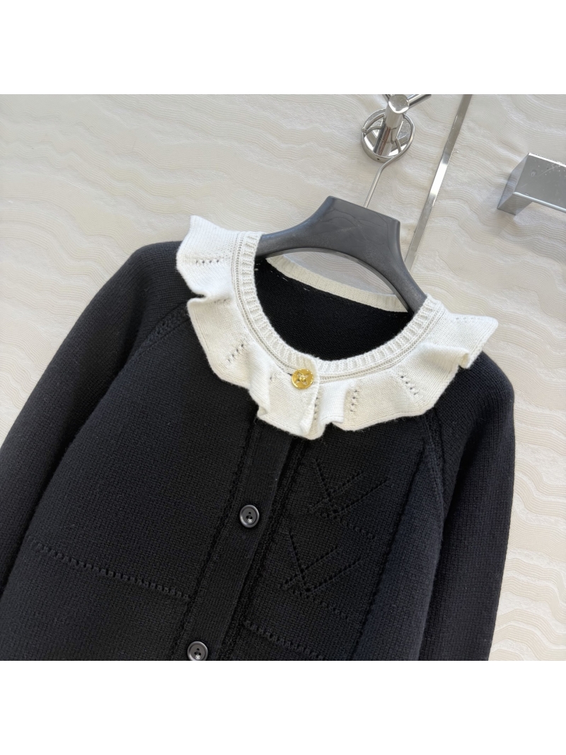 Louis Vuitton Black Imported Wool Jacquard Cardigan with Contrast Ruffled Collar