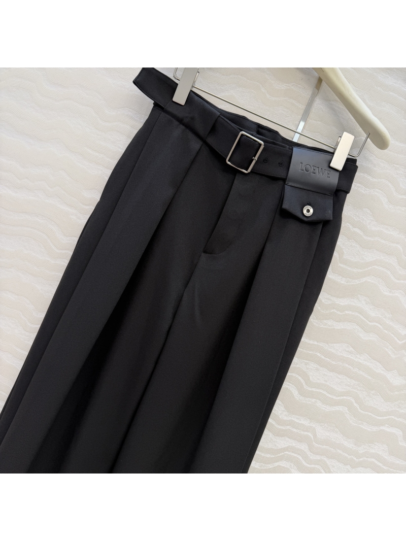 Loewe Black Cotton Twill Wide-Leg Trousers | Mid-Rise Tailored Pants with Logo Belt Detail