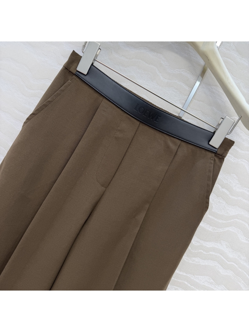 Loewe Tailored Wool-Blend Wide-Leg Trousers with Leather Waistband – Sharp Pleats, Mid-High Rise, Luxury Office Pants