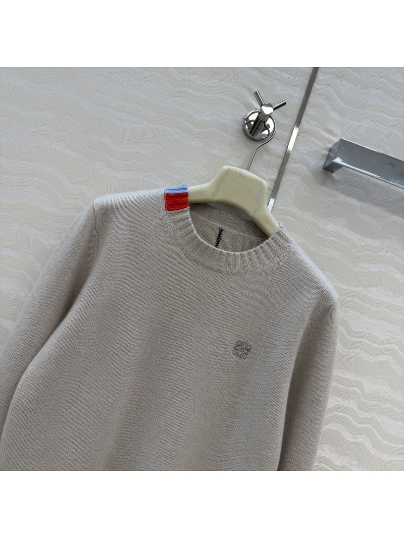 Loewe Imported Cashmere Cable Knit Sweater - Round Neck with Color-Blocked Accents, Oatmeal Beige