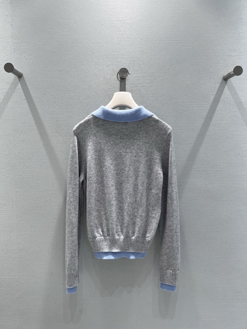 Miu Miu Knit Sweater with Shirt Collar - Light Gray with Light Blue Trim, Cropped Fit