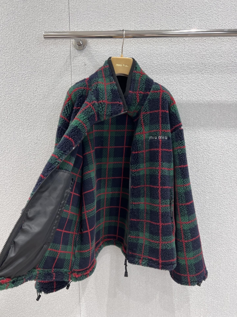 Miu Miu Early Spring New Plaid Fleece Jacket | High-Neck Sherpa Coat with Embroidered Logo, Adjustable Drawstrings, and Zippered Pockets