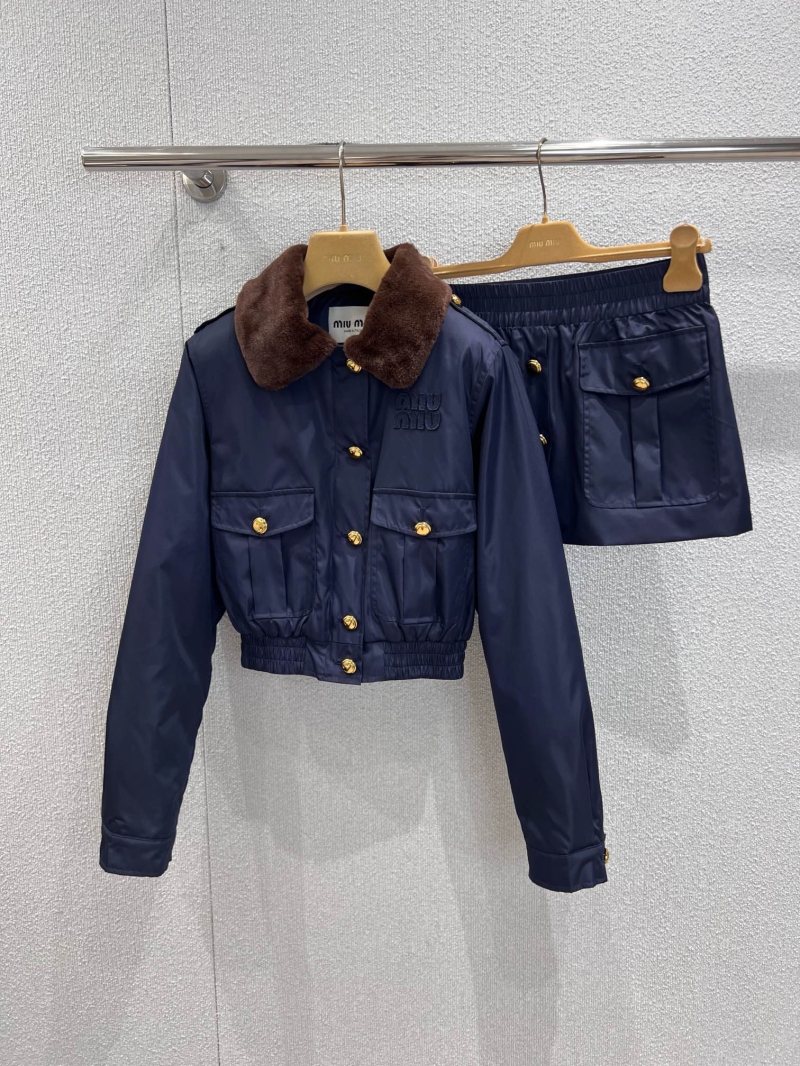 Miu Miu 25 Autumn/Winter Cropped Bomber Jacket & Skirt Set | Navy Blue with Faux Fur Collar | Gold-Tone Hardware | Matte Satin Nylon