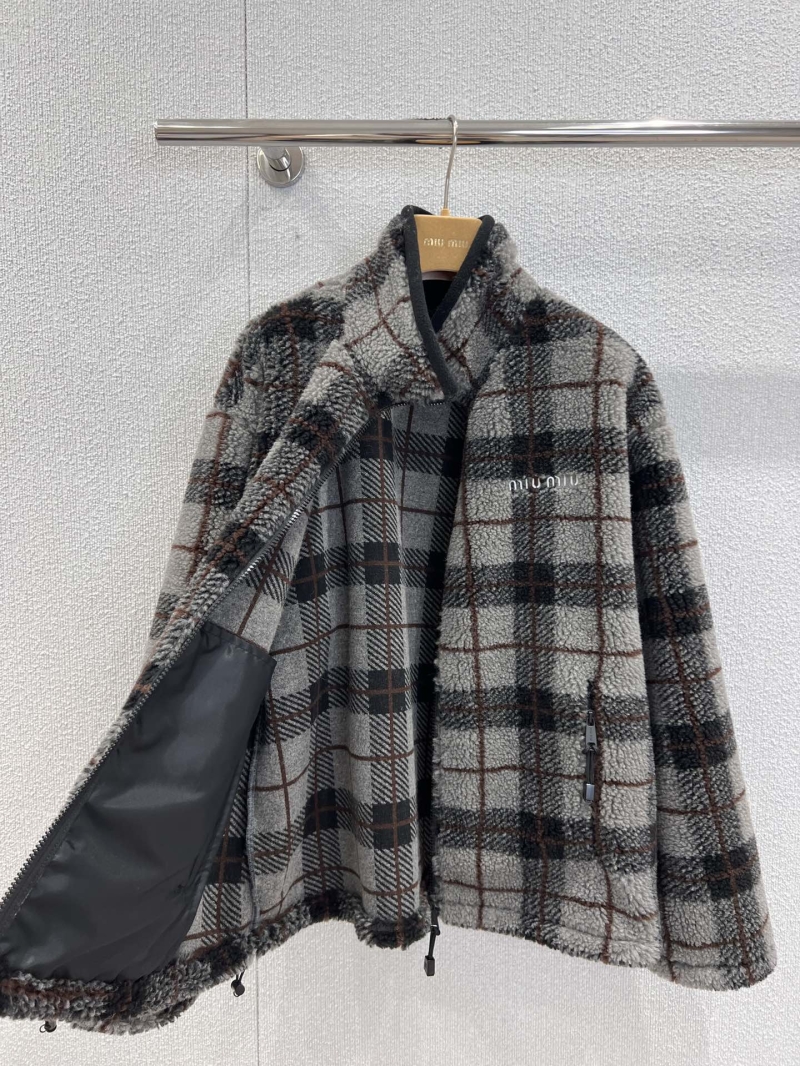 Miu Miu Plaid Fleece Jacket - Cozy High-Density Wool Blend, Stand Collar, Zippered Pockets, Retro Scholar Aesthetic in Light Gray, Black & Brown