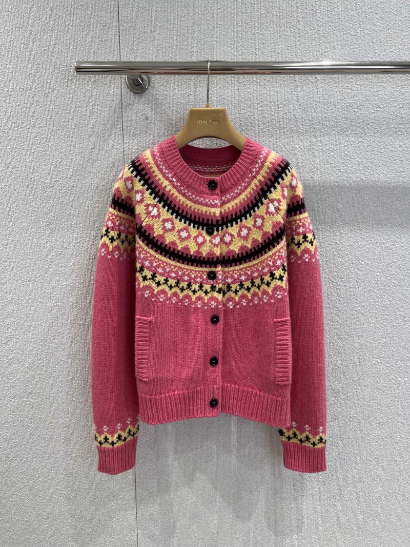 Miu Miu Fair Isle Knit Cardigan | 100% Wool | Nordic Geometric Pattern | Raspberry Pink