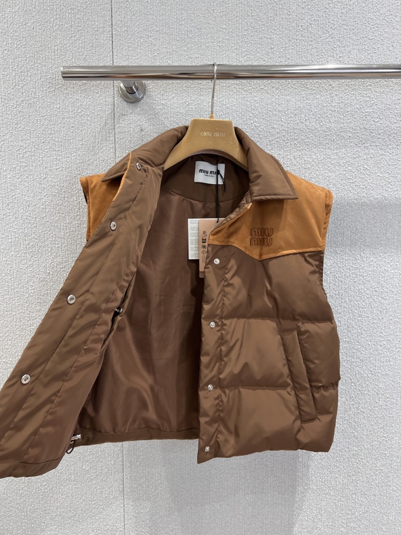 Miu Miu Quilted Two-Tone Leather Trim Logo Puffer Vest | 90% White Duck Down, Caramel Brown Suede Panel, Chocolate Brown Nylon | S/M/L