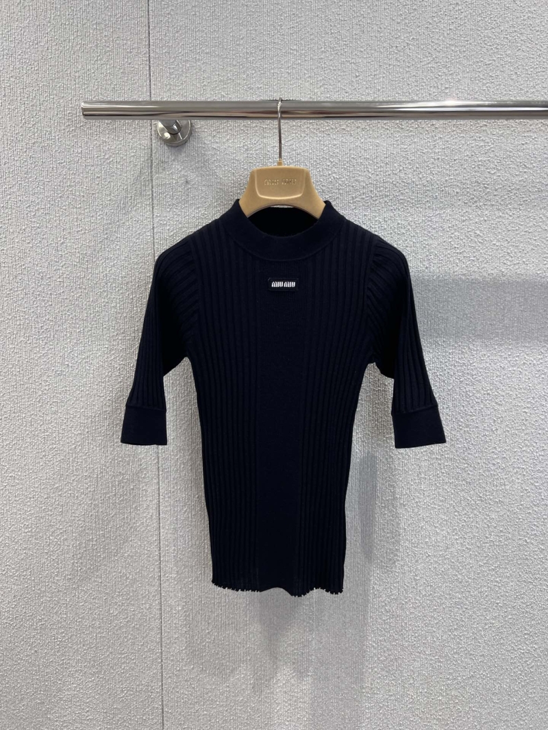 Miu Miu Black Ribbed Mock Neck Three-Quarter Sleeve Top